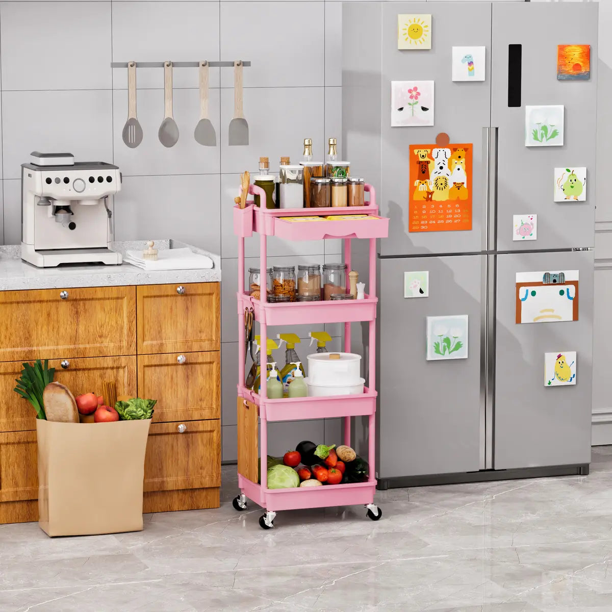 4-Tier Rolling Utility Cart – Lockable Wheels, Removable Drawer, Multi-Room Organizer