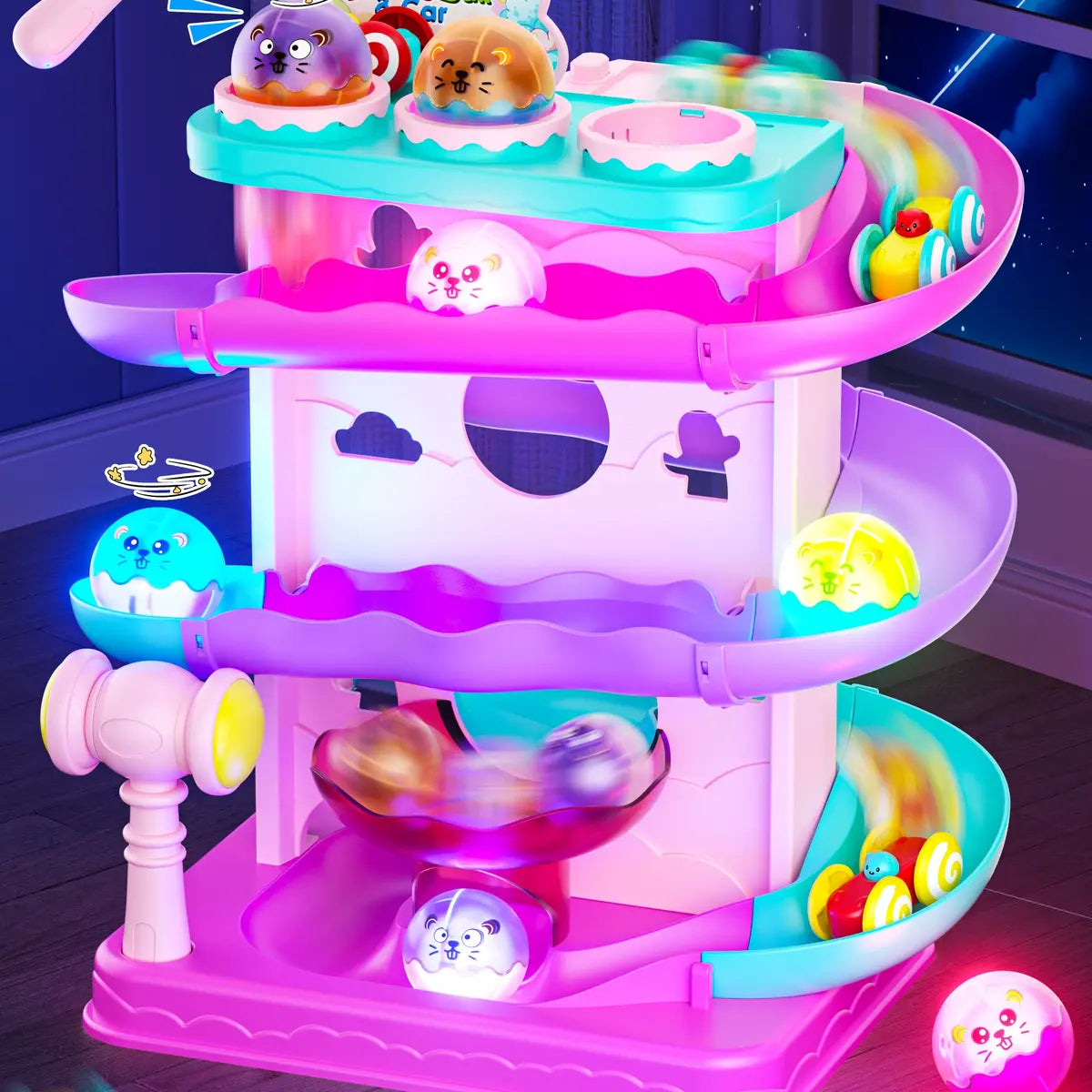 👧🌺Children's Day gift🔥2-in-1 Rolling Ball & Car Ramp Toy – Montessori Learning Game with Hammer & Lights