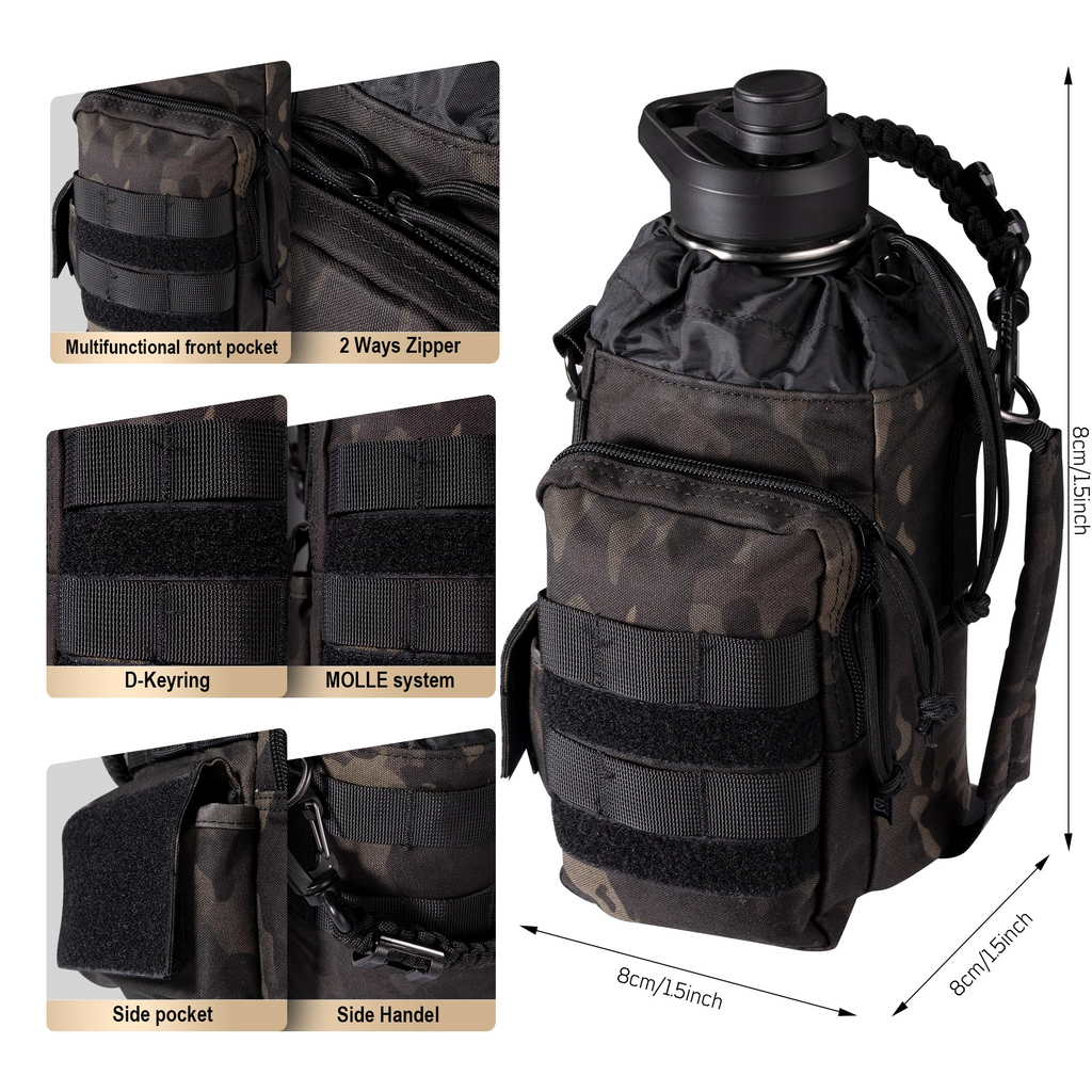 64 oz Tactical Water Bottle – Vacuum Insulated, 3 BPA-Free Lids, Includes MOLLE Pouch