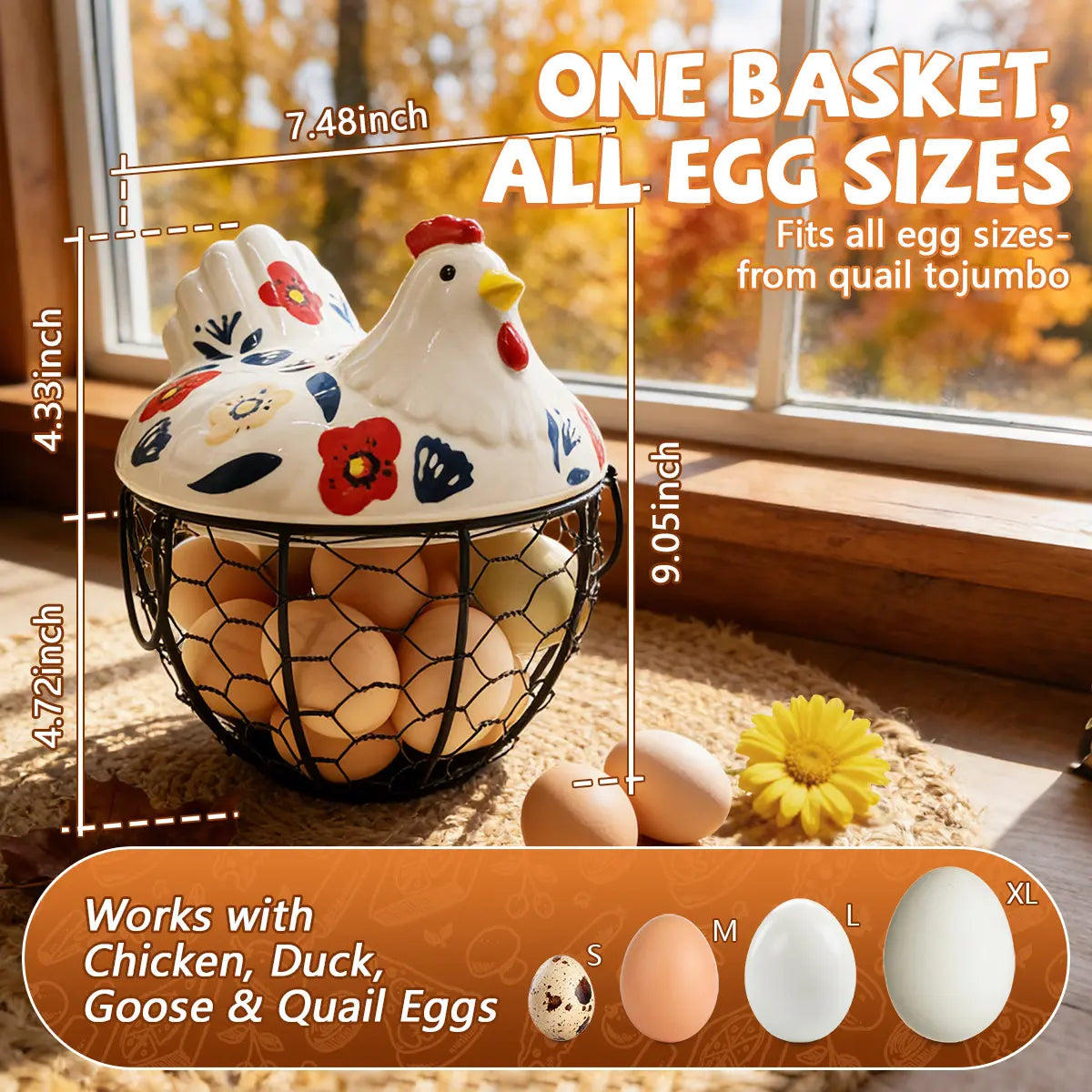 Ceramic Egg Basket with Chicken Lid – Holds 20-25 Eggs, Farmhouse Kitchen Countertop Storage