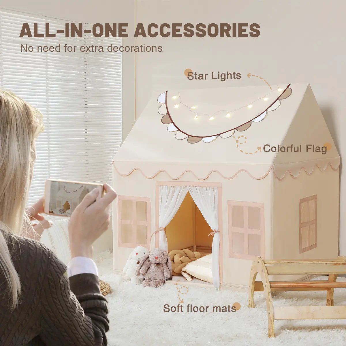 Beige Kids Play Tent with Star Lights &Mat – 47″ Playhouse 🎪🌟