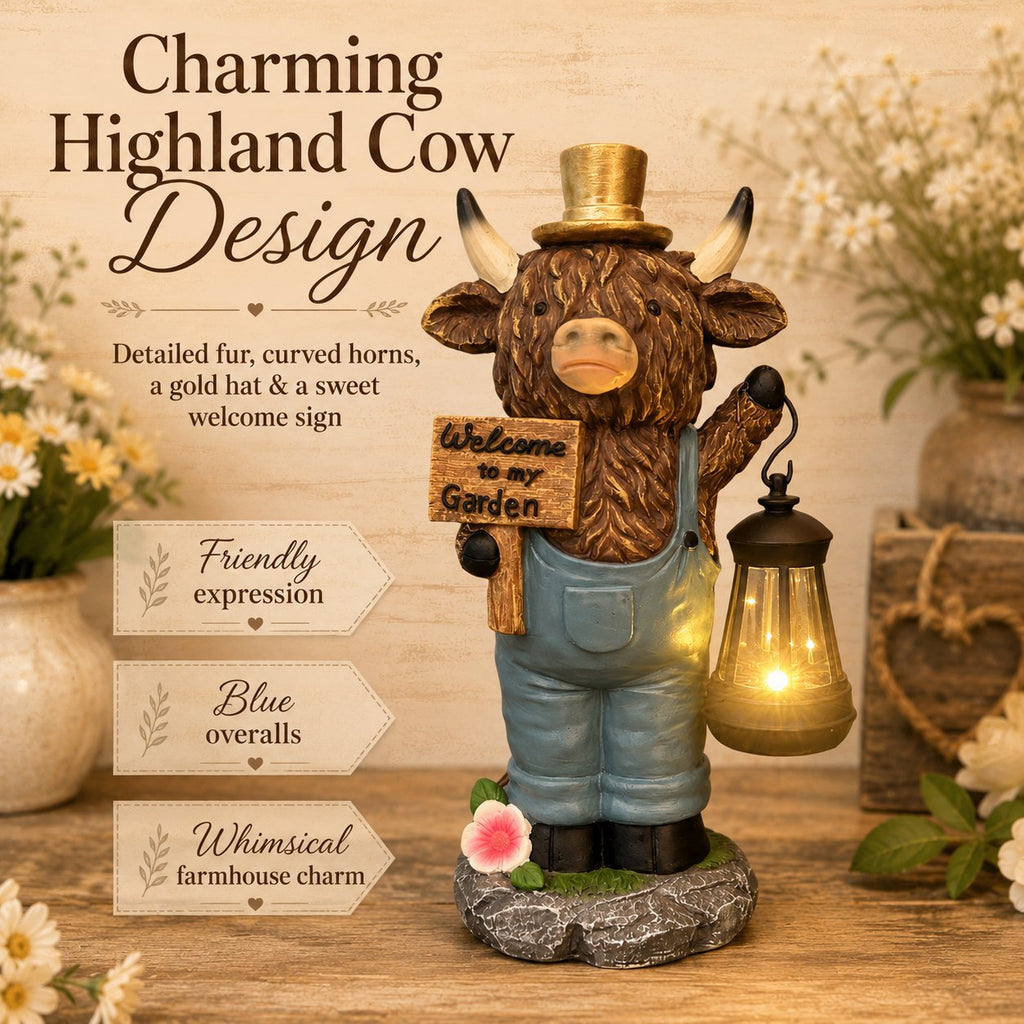 Highland Cow Garden Lantern Statue – Solar-Powered Farmhouse Welcome 🐄🏡