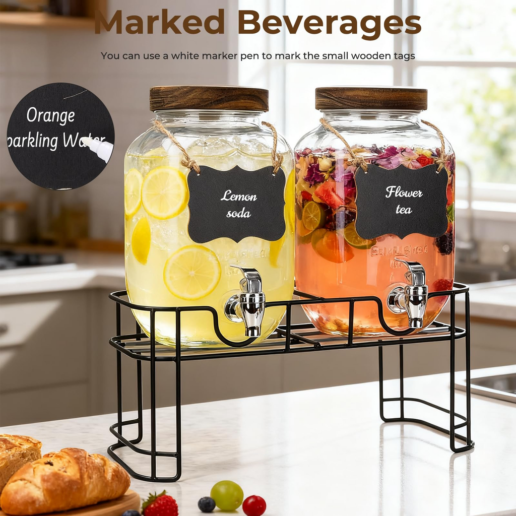 2-Pack 1-Gallon Glass Drink Dispensers – Stainless Steel Spout &Metal Stand 🥤