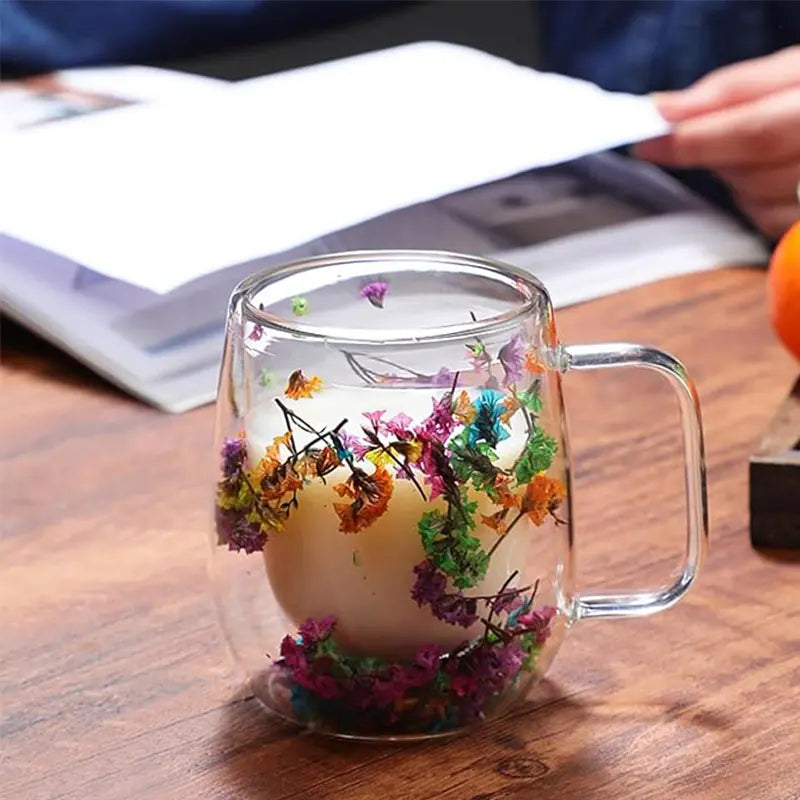 Double Layer Dried Flower Glass Mug – 10oz Tea &Coffee Cup 🌸🍵