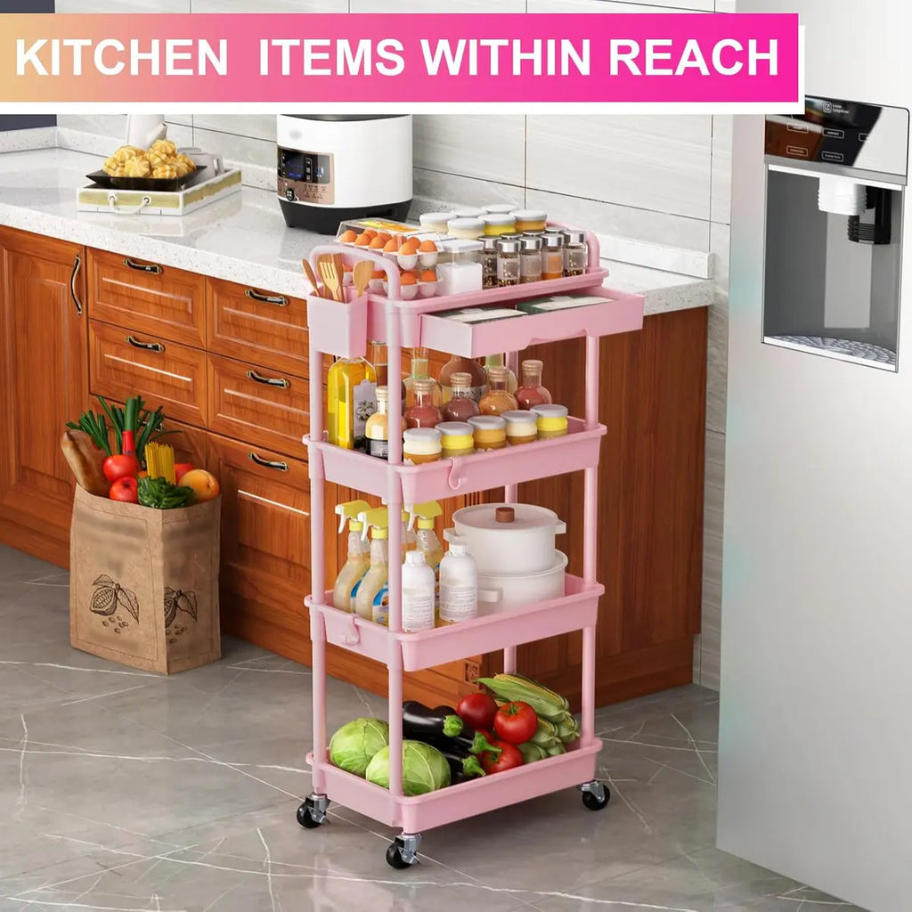 4-Tier Rolling Utility Cart – Lockable Wheels, Removable Drawer, Multi-Room Organizer