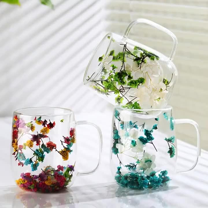 Double Layer Dried Flower Glass Mug – 10oz Tea &Coffee Cup 🌸🍵