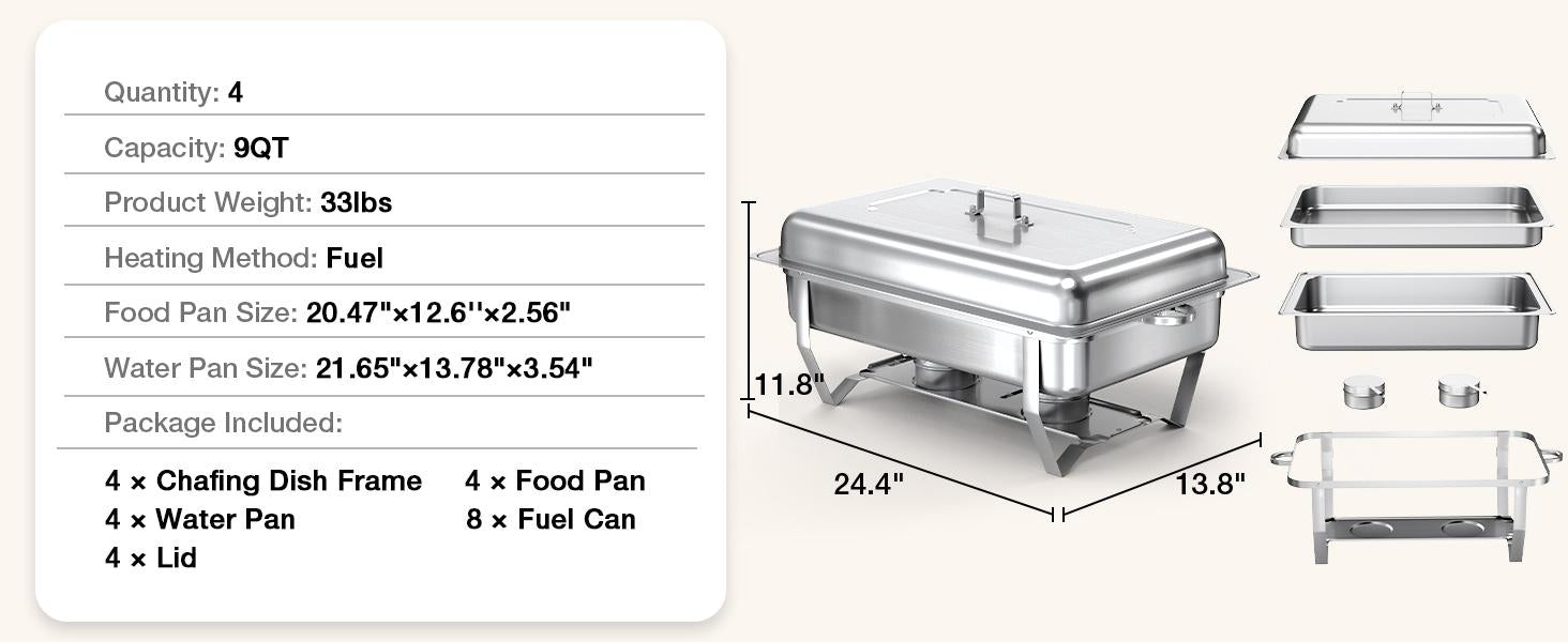 9QT Chafing Dish Set – Foldable Stainless Steel Buffet Warmer with Full or Multi-Size Pans