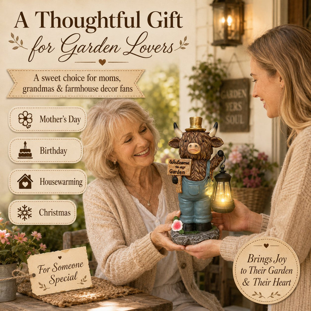 Highland Cow Garden Lantern Statue – Solar-Powered Farmhouse Welcome 🐄🏡