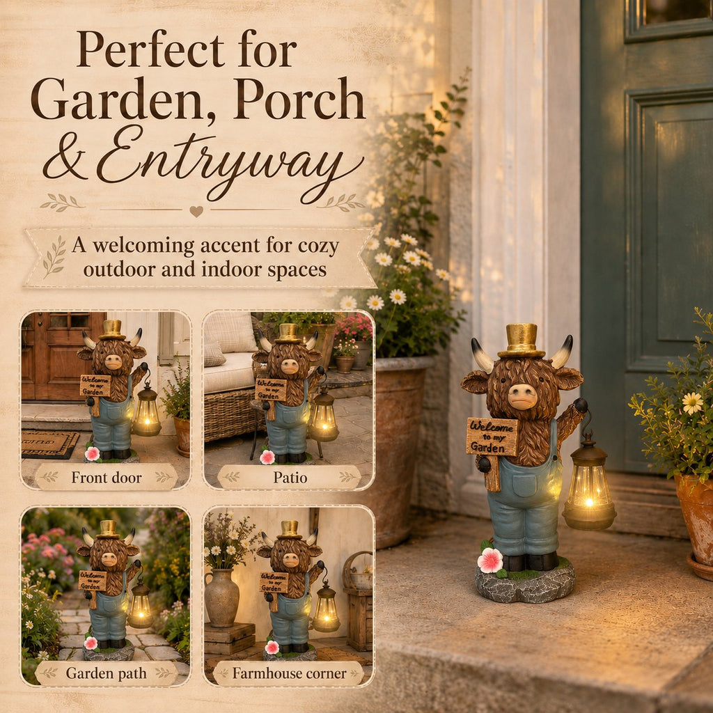 Highland Cow Garden Lantern Statue – Solar-Powered Farmhouse Welcome 🐄🏡