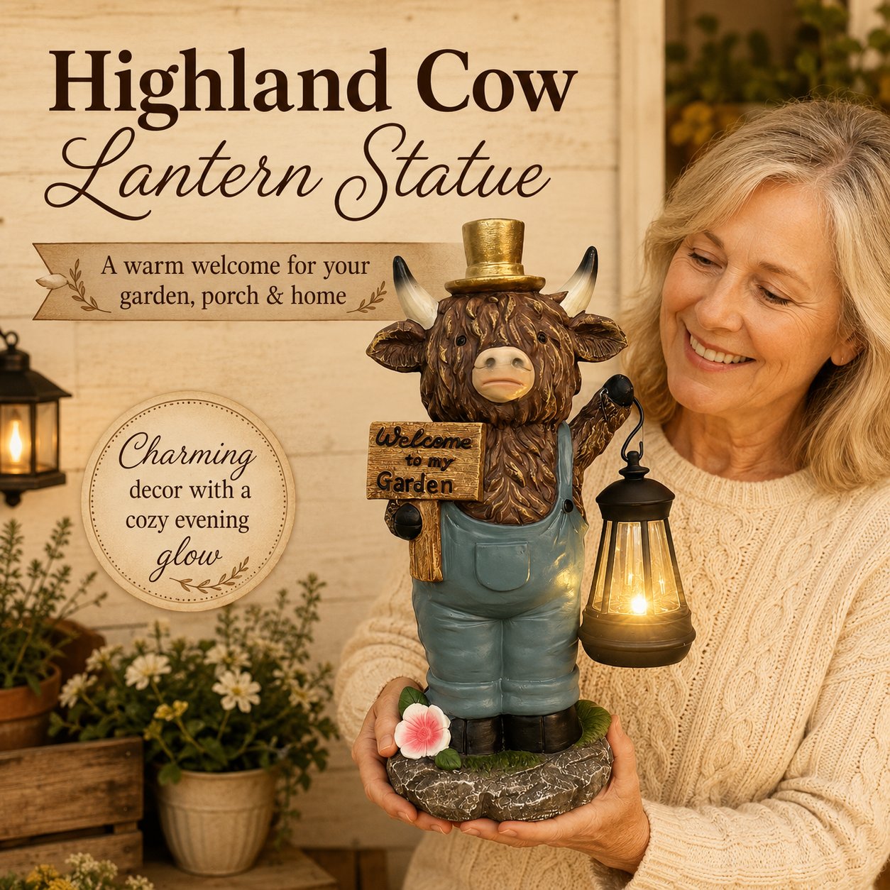 Highland Cow Garden Lantern Statue – Solar-Powered Farmhouse Welcome 🐄🏡