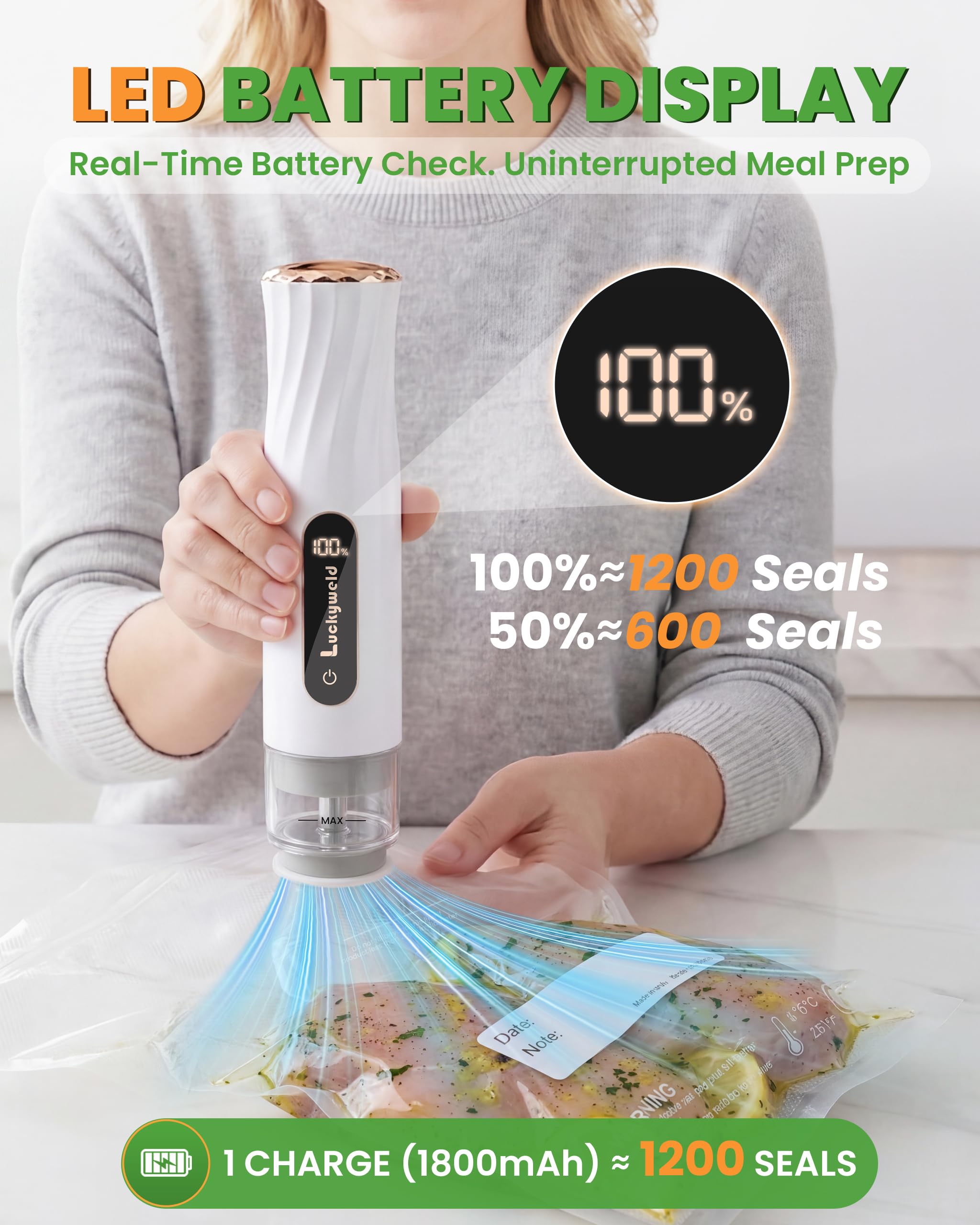 Handheld Vacuum Sealer with Visible Water Tank – 5X Food Freshness, Includes 30 Reusable Bags
