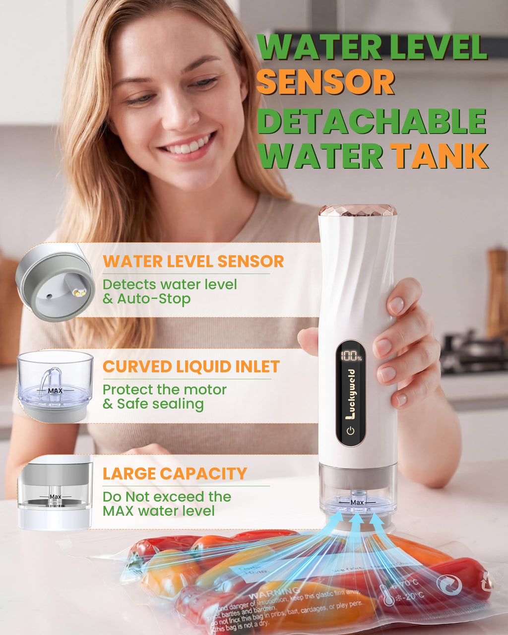 Handheld Vacuum Sealer with Visible Water Tank – 5X Food Freshness, Includes 30 Reusable Bags
