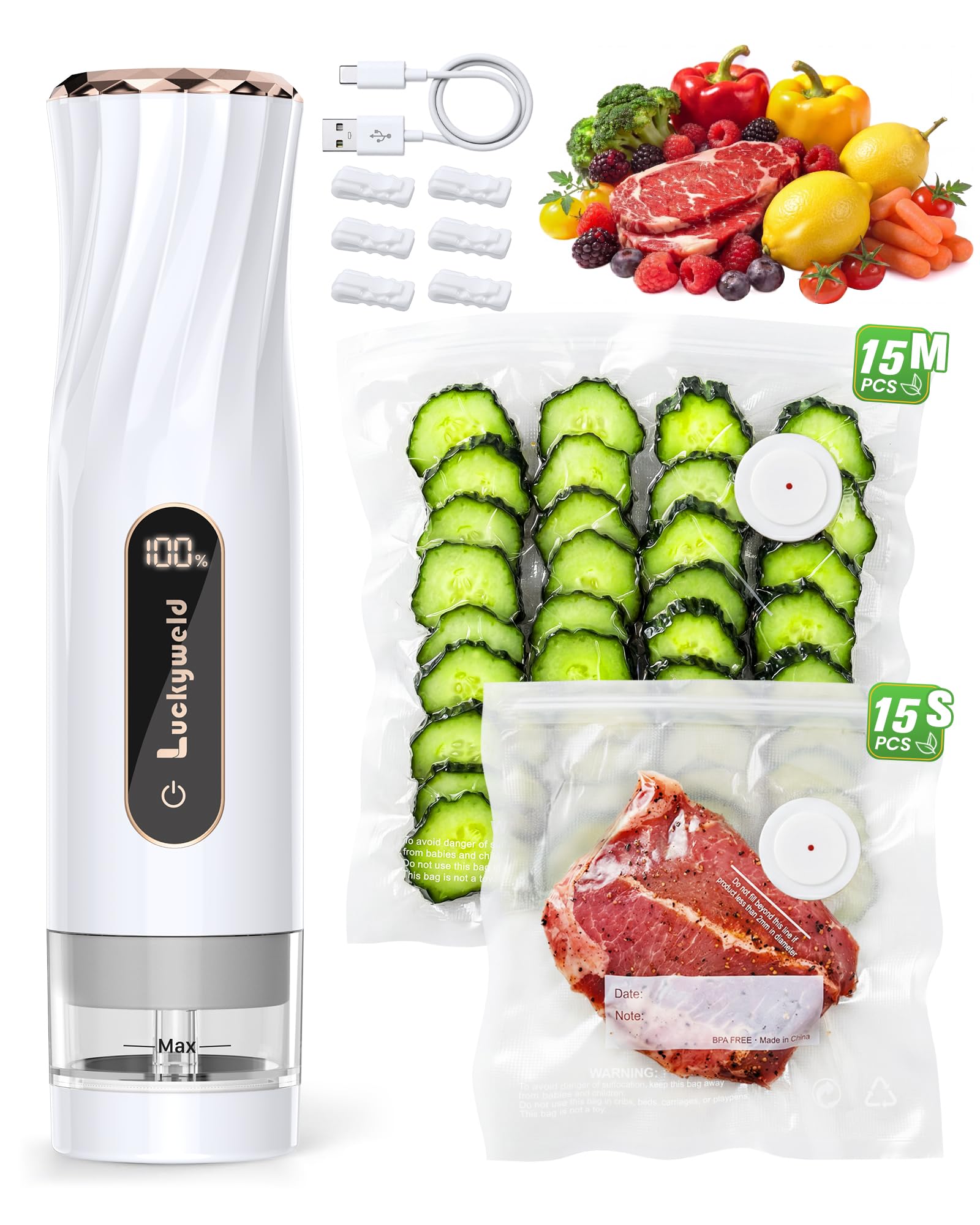 Handheld Vacuum Sealer with Visible Water Tank – 5X Food Freshness, Includes 30 Reusable Bags