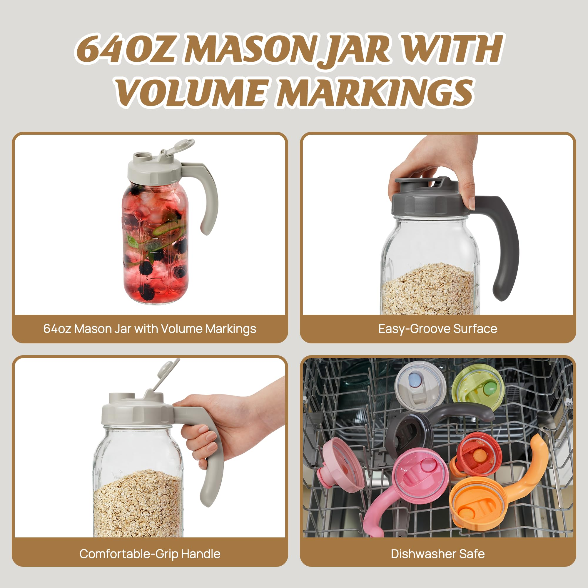 64oz Mason Jar Pitcher with Flip Spout Lid & Handle – Leak-Proof