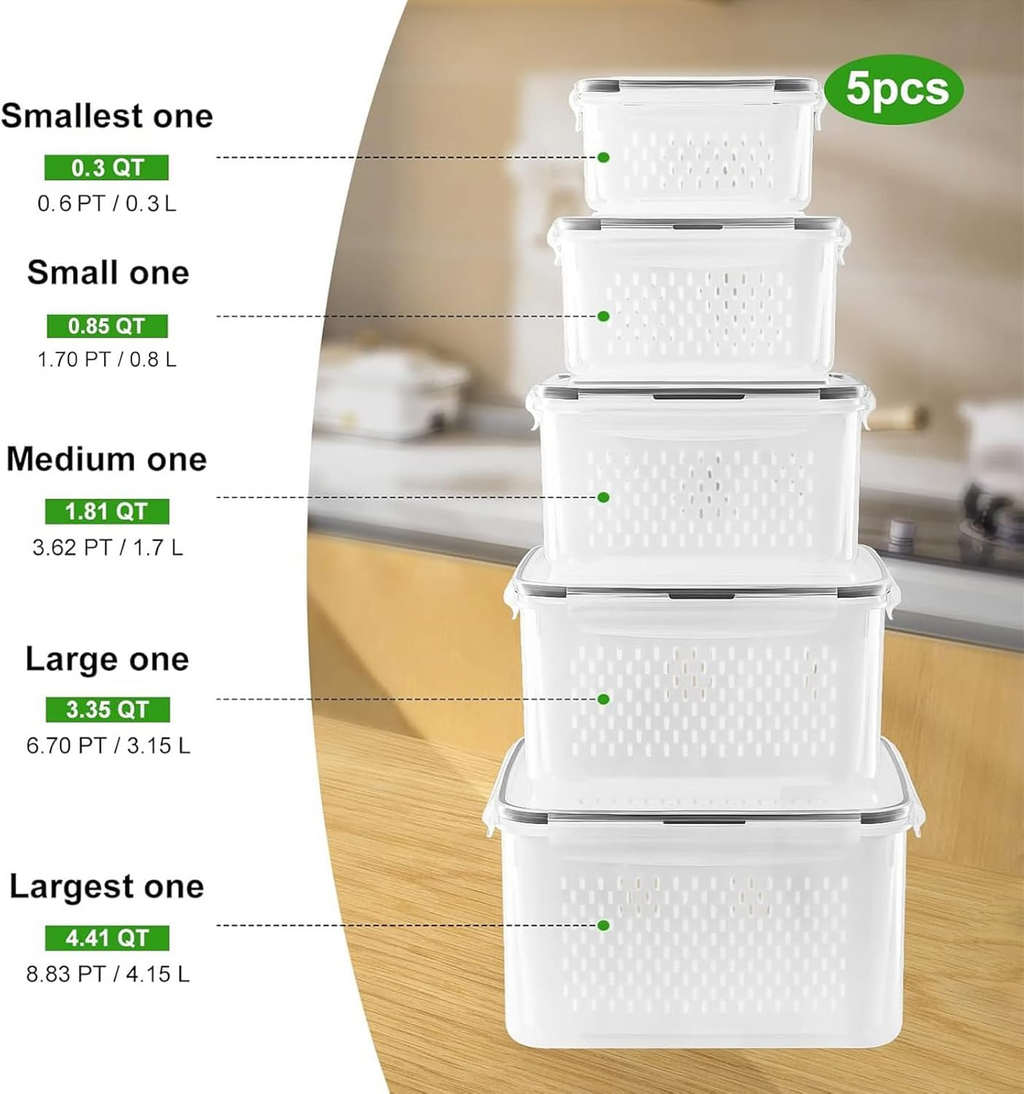 Produce Storage Containers with Colander – Leakproof & Fridge Organizers