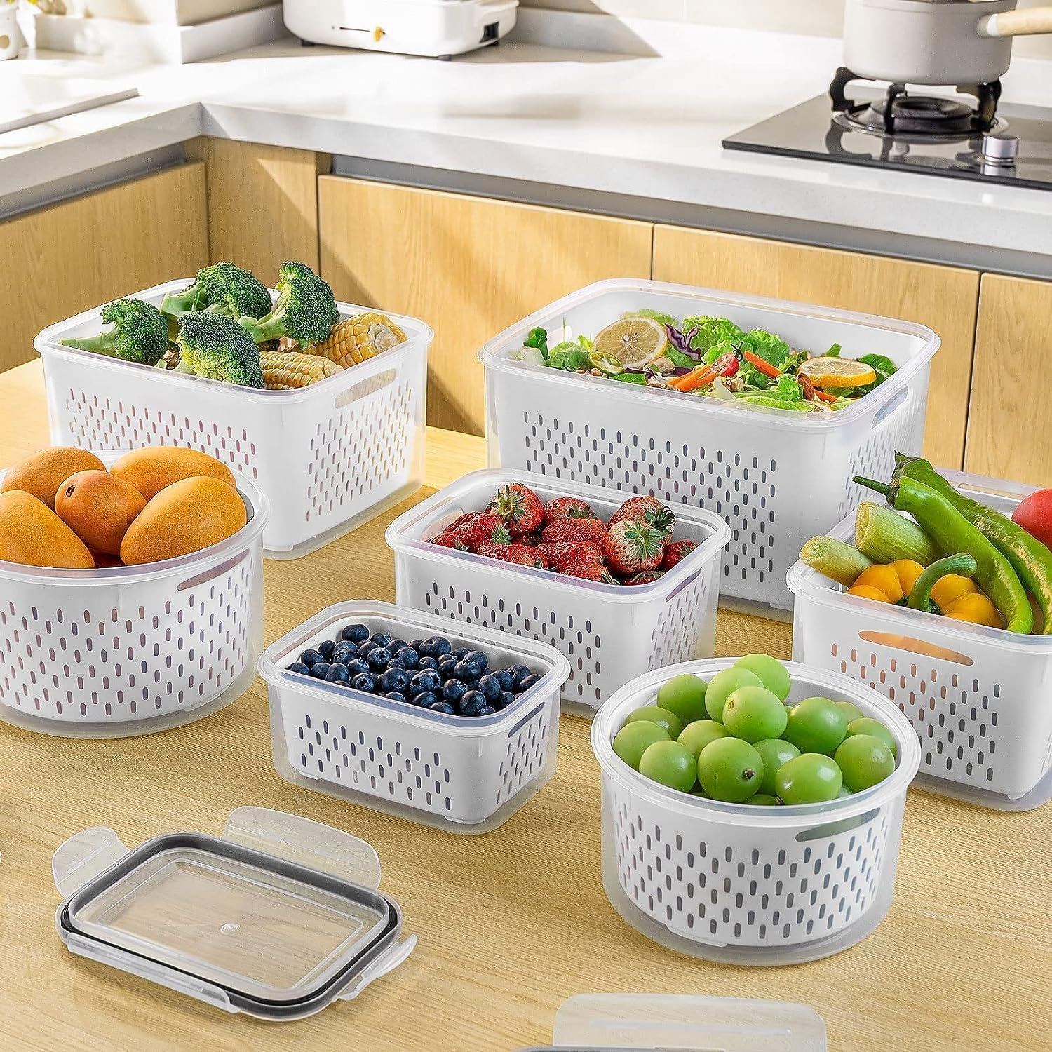 Produce Storage Containers with Colander – Leakproof & Fridge Organizers