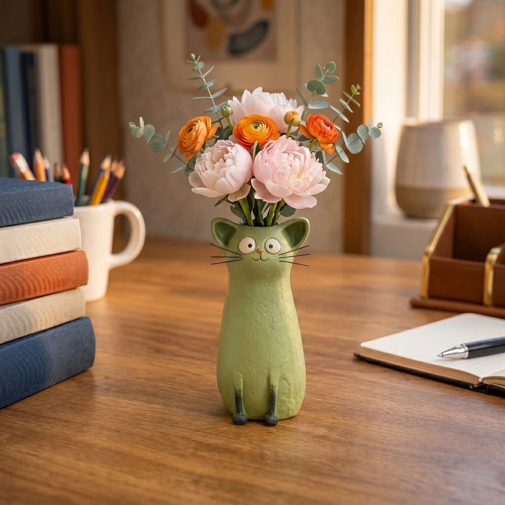 Handcrafted Whimsical Cat Vase – 7.5" Quirky Ornament 😻💐