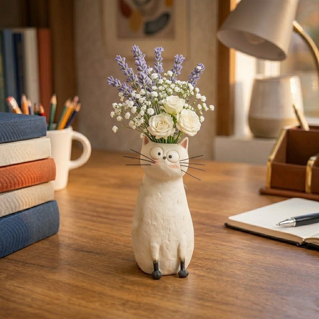 Handcrafted Whimsical Cat Vase – 7.5" Quirky Ornament 😻💐