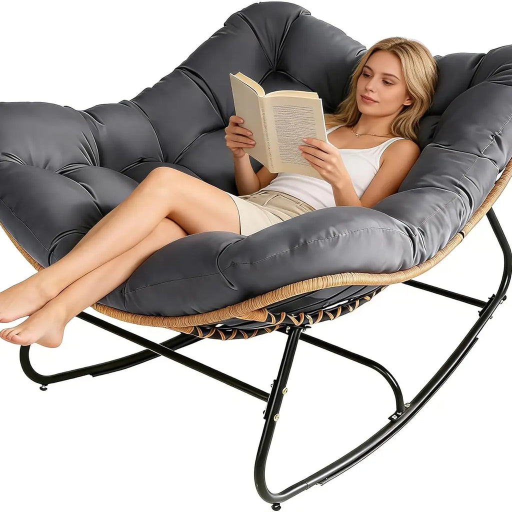 Oversized Wicker Papasan Rocking Chair with Cushion – 450 lb Capacity, Indoor/Outdoor Lounge Chair