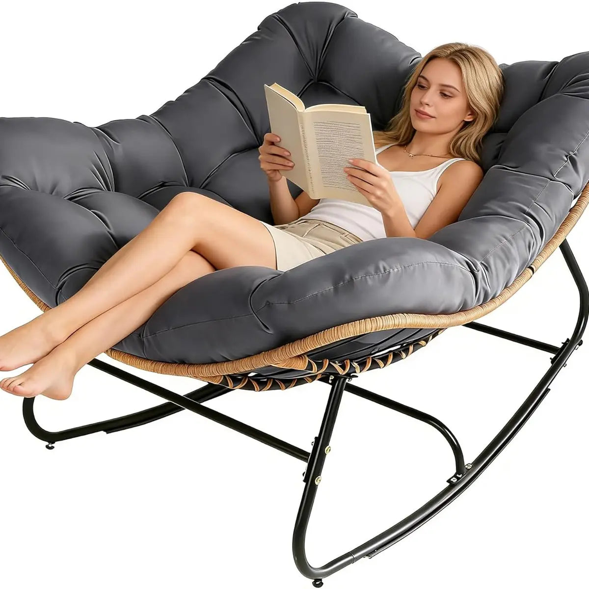 Oversized Wicker Papasan Rocking Chair with Cushion – 450 lb Capacity, Indoor/Outdoor Lounge Chair