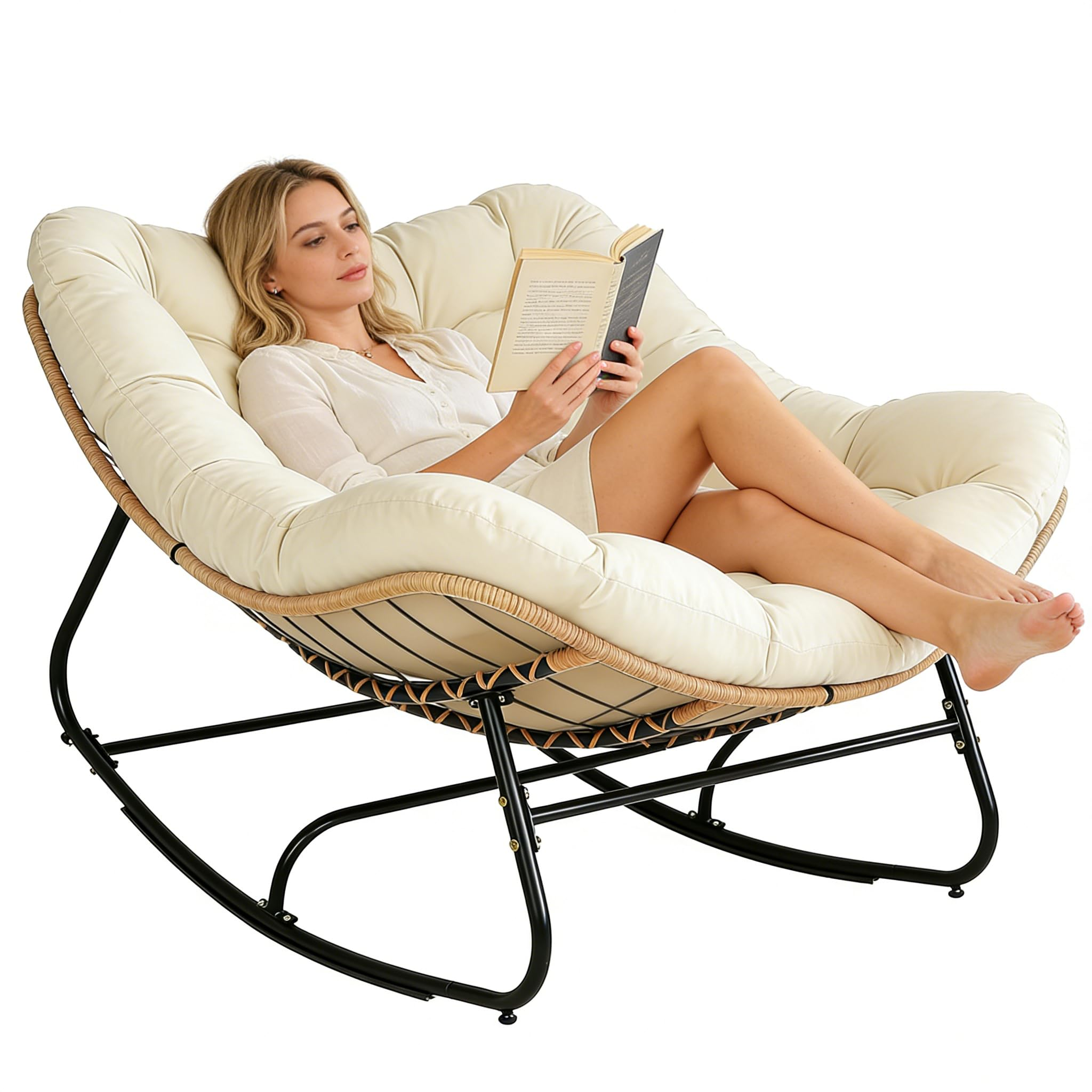 Oversized Wicker Papasan Rocking Chair with Cushion – 450 lb Capacity, Indoor/Outdoor Lounge Chair