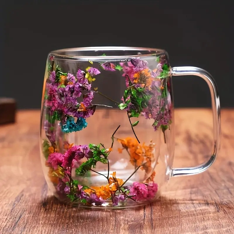 Double Layer Dried Flower Glass Mug – 10oz Tea &Coffee Cup 🌸🍵