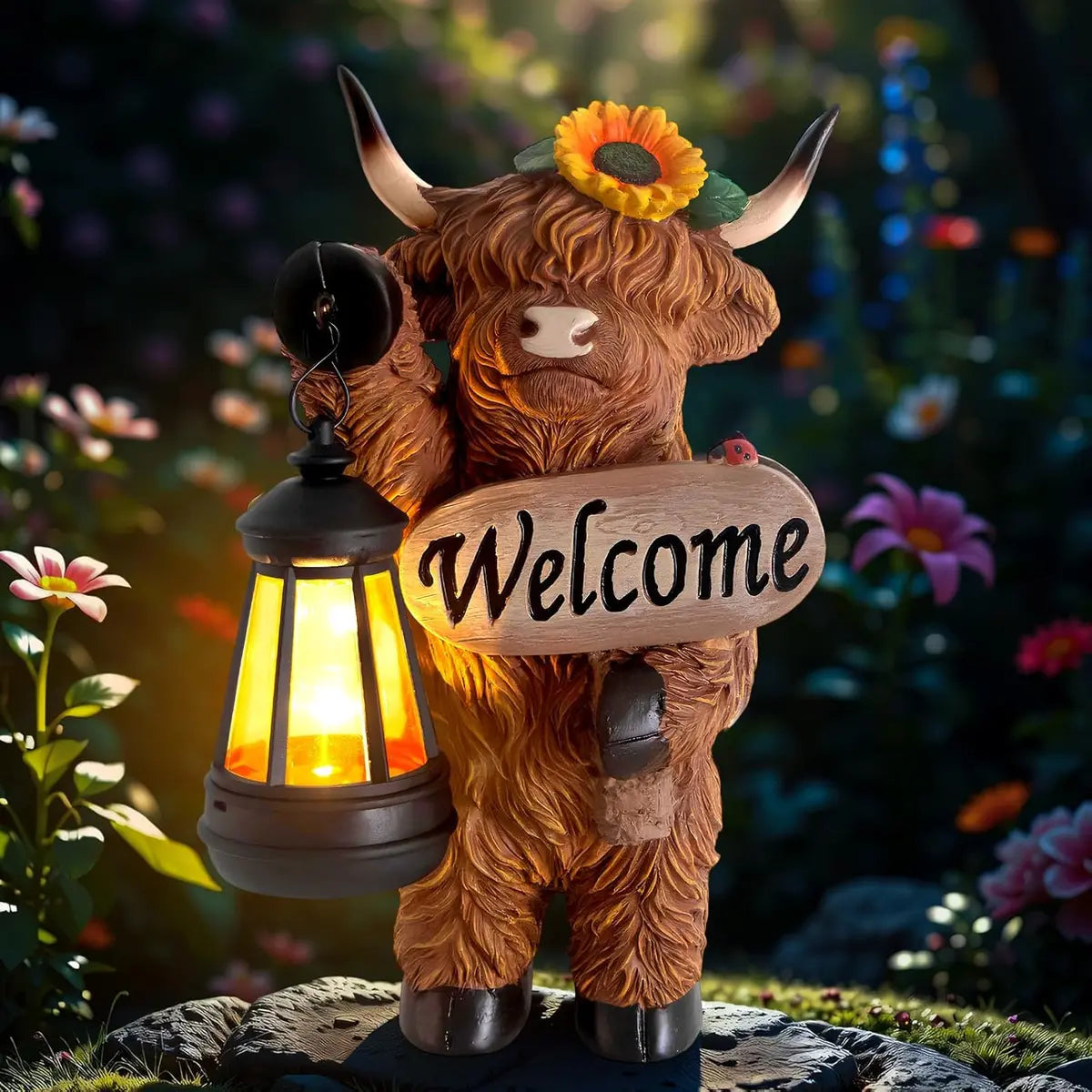 Highland Cow Garden Lantern Statue – Solar-Powered Farmhouse Welcome 🐄🏡
