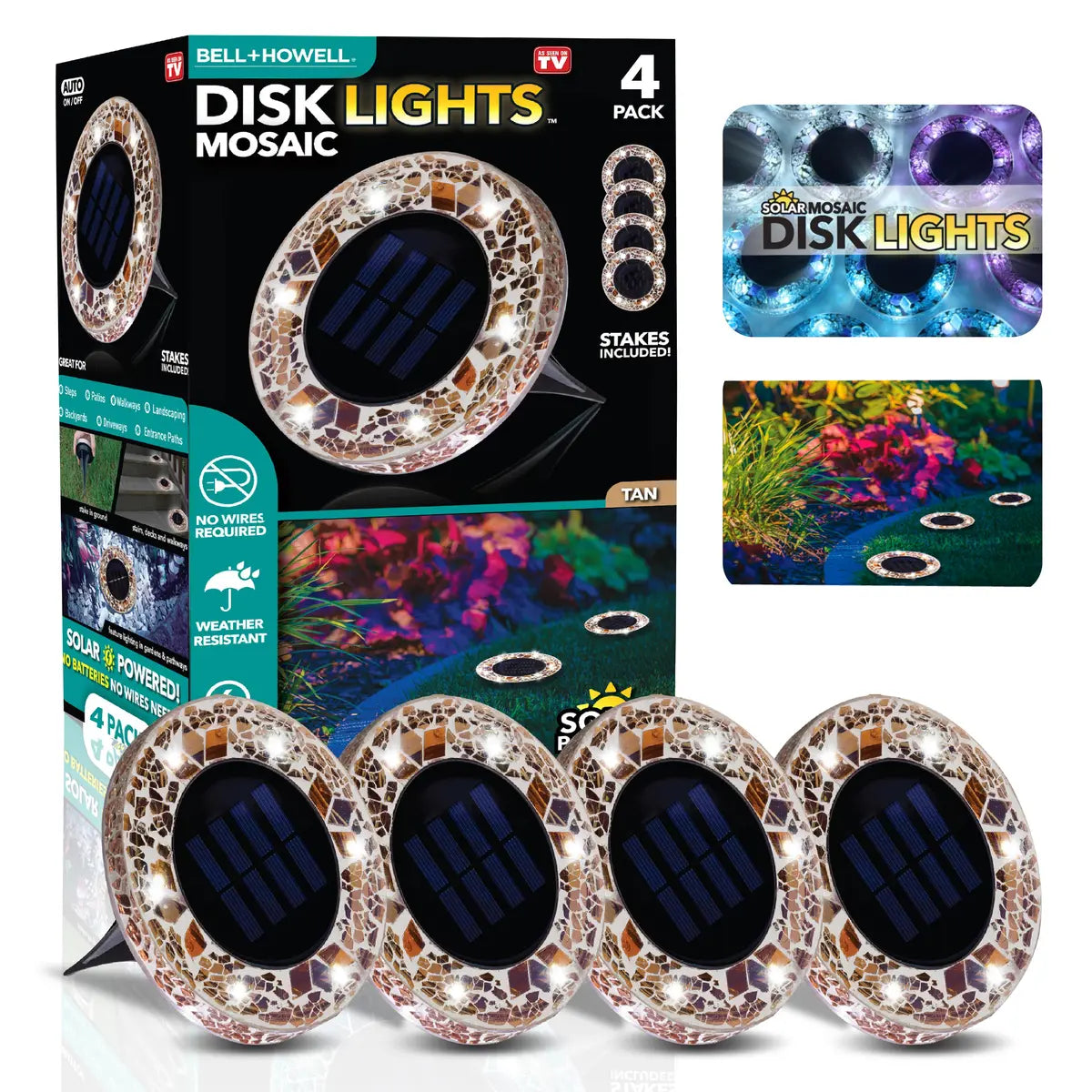 Solar Outdoor Mosaic Disk Lights, Waterproof Decorative Pathway LED Light, Auto On/Off