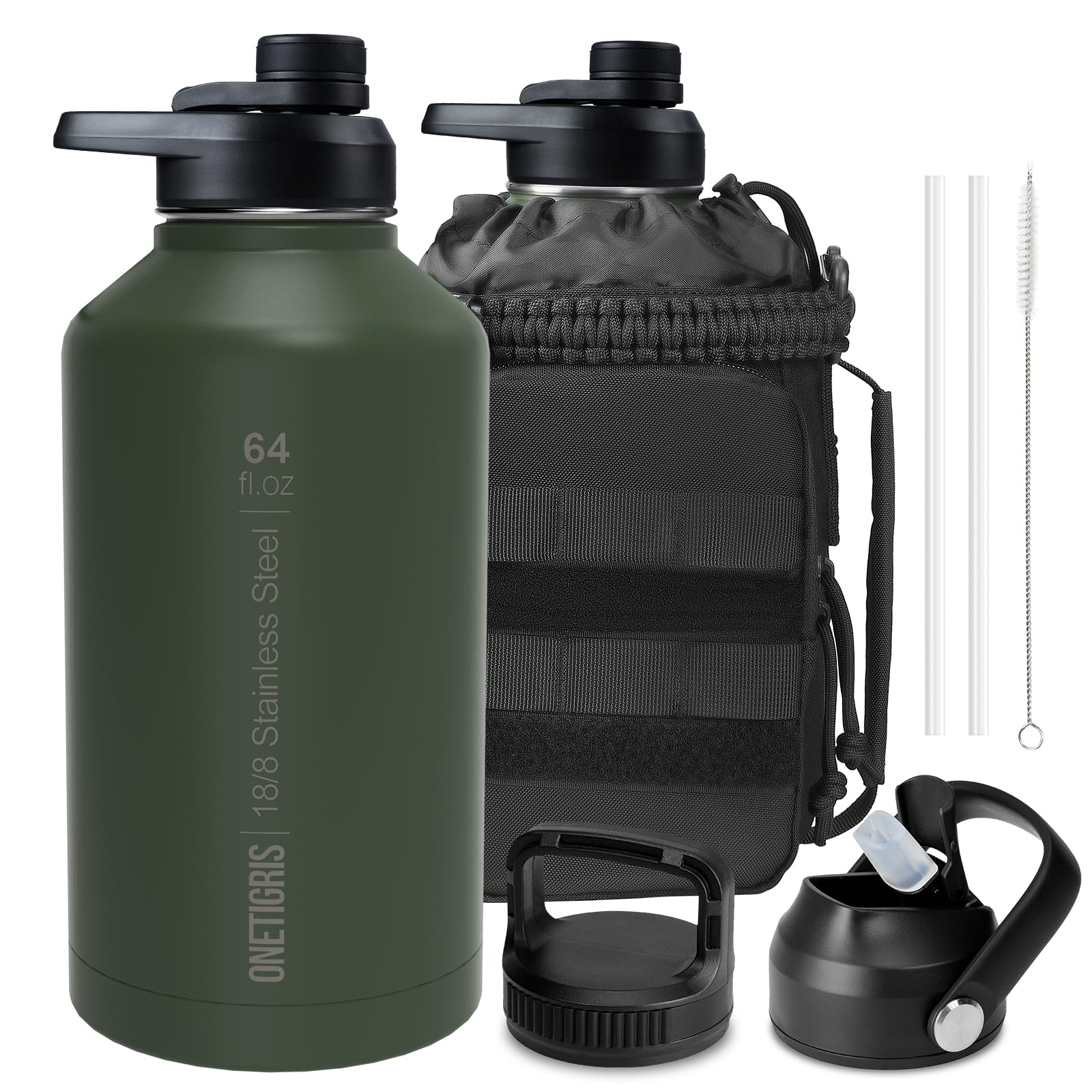 64 oz Tactical Water Bottle – Vacuum Insulated, 3 BPA-Free Lids, Includes MOLLE Pouch