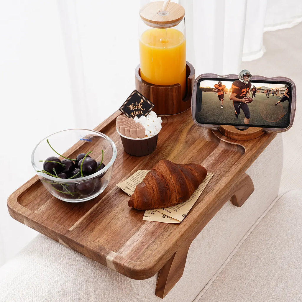 3-in-1 Acacia Wood Couch Arm Tray – Clip-On TV Tray &amp; Cup Holder 🛋️🥫