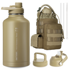 64 oz Tactical Water Bottle – Vacuum Insulated, 3 BPA-Free Lids, Includes MOLLE Pouch