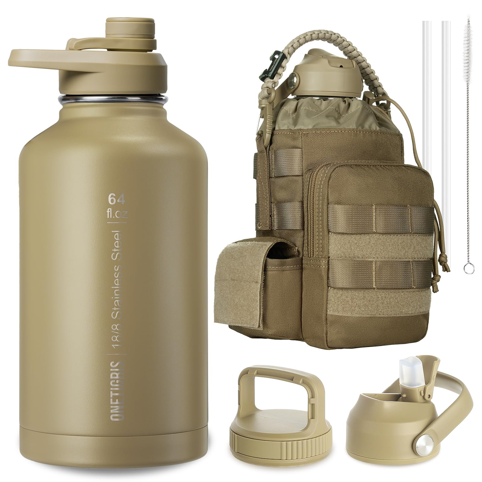 64 oz Tactical Water Bottle – Vacuum Insulated, 3 BPA-Free Lids, Includes MOLLE Pouch