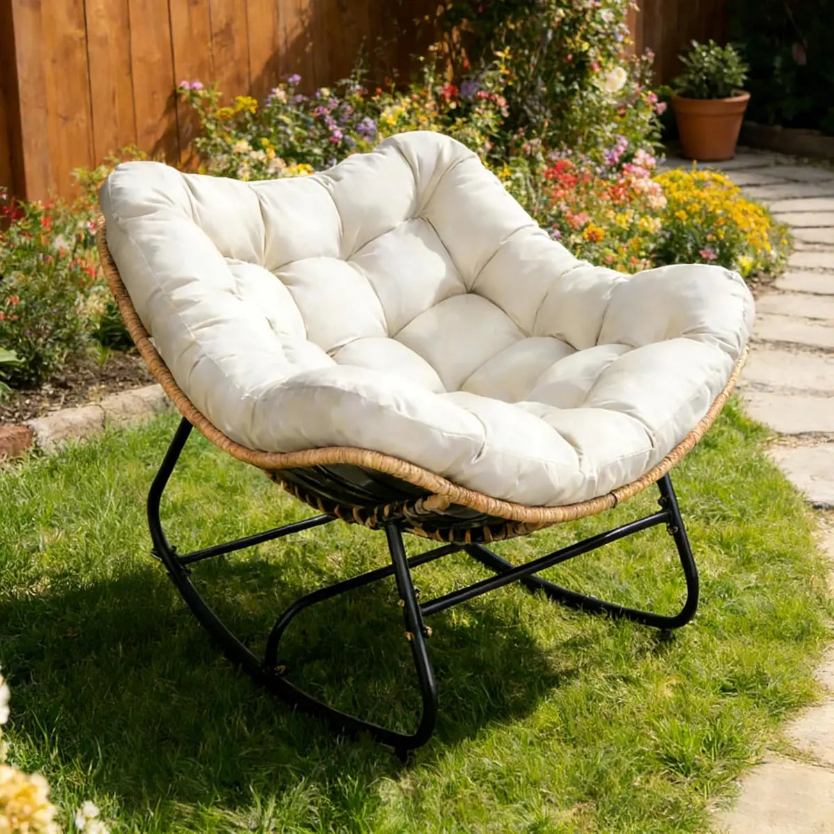 Oversized Wicker Papasan Rocking Chair with Cushion – 450 lb Capacity, Indoor/Outdoor Lounge Chair