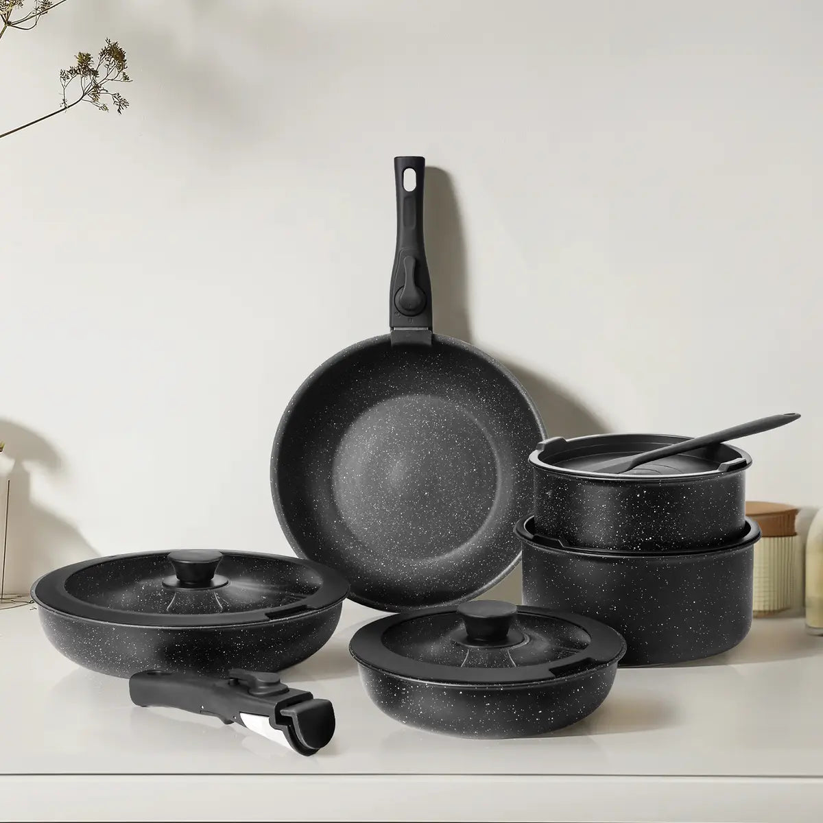 Summer Deal: 12-Piece Nonstick Pots & Pans Set with Detachable Handle - Induction, Oven & Dishwasher Safe