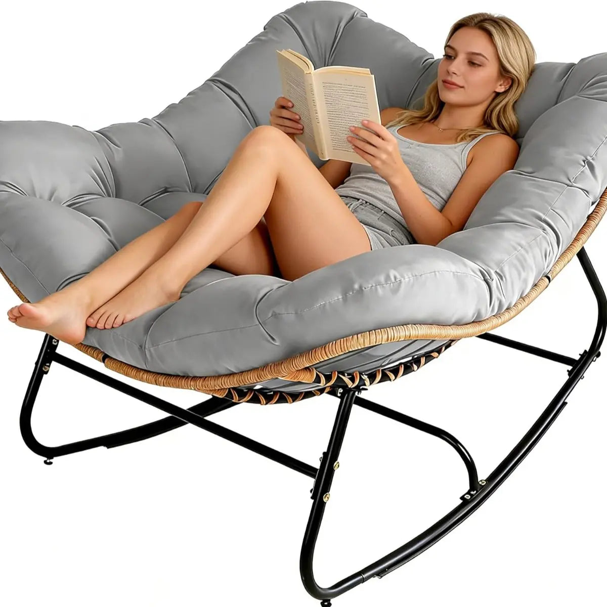 Oversized Wicker Papasan Rocking Chair with Cushion – 450 lb Capacity, Indoor/Outdoor Lounge Chair