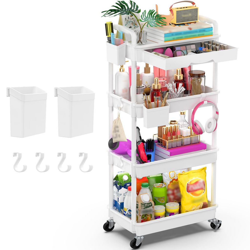 4-Tier Rolling Utility Cart – Lockable Wheels, Removable Drawer, Multi-Room Organizer