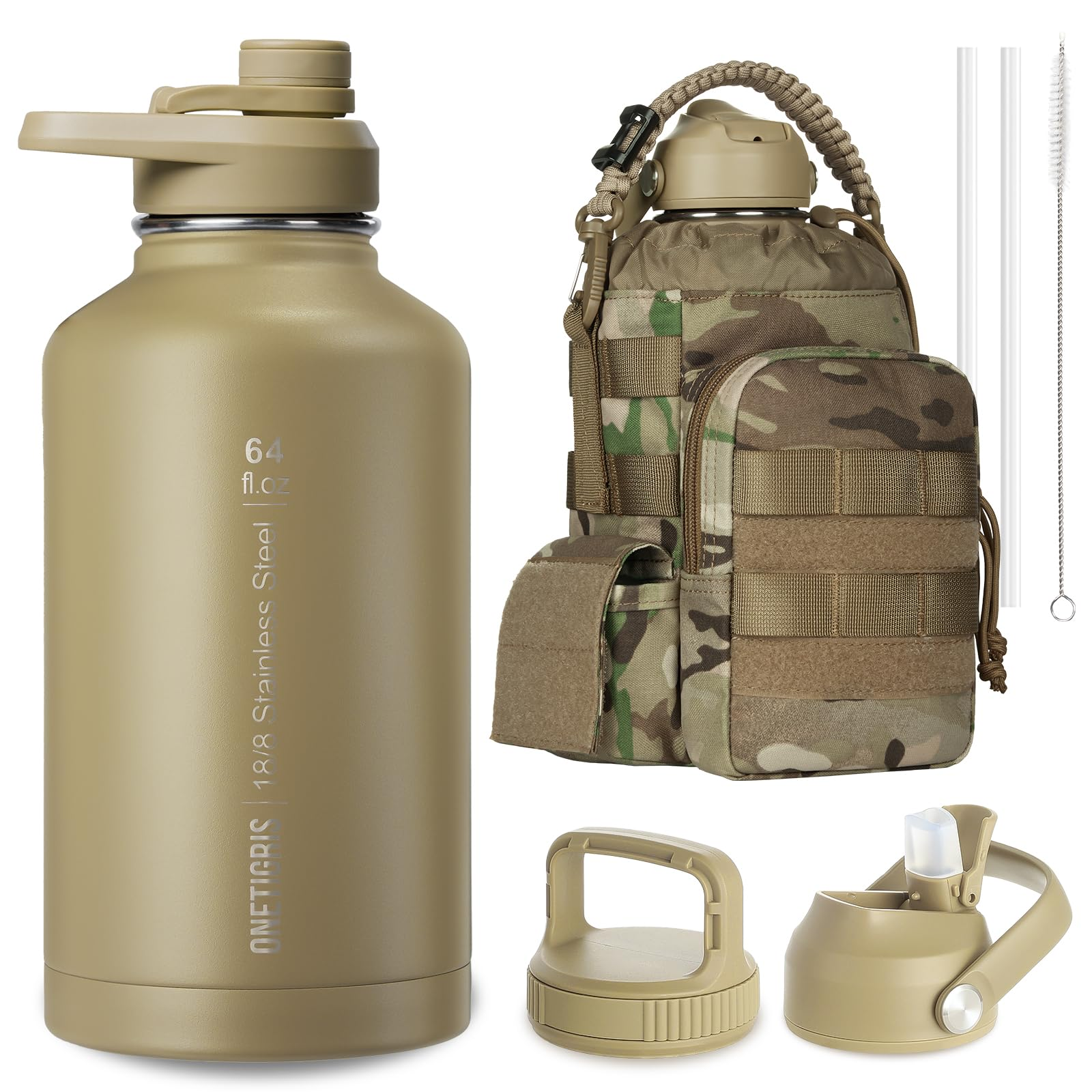 64 oz Tactical Water Bottle – Vacuum Insulated, 3 BPA-Free Lids, Includes MOLLE Pouch