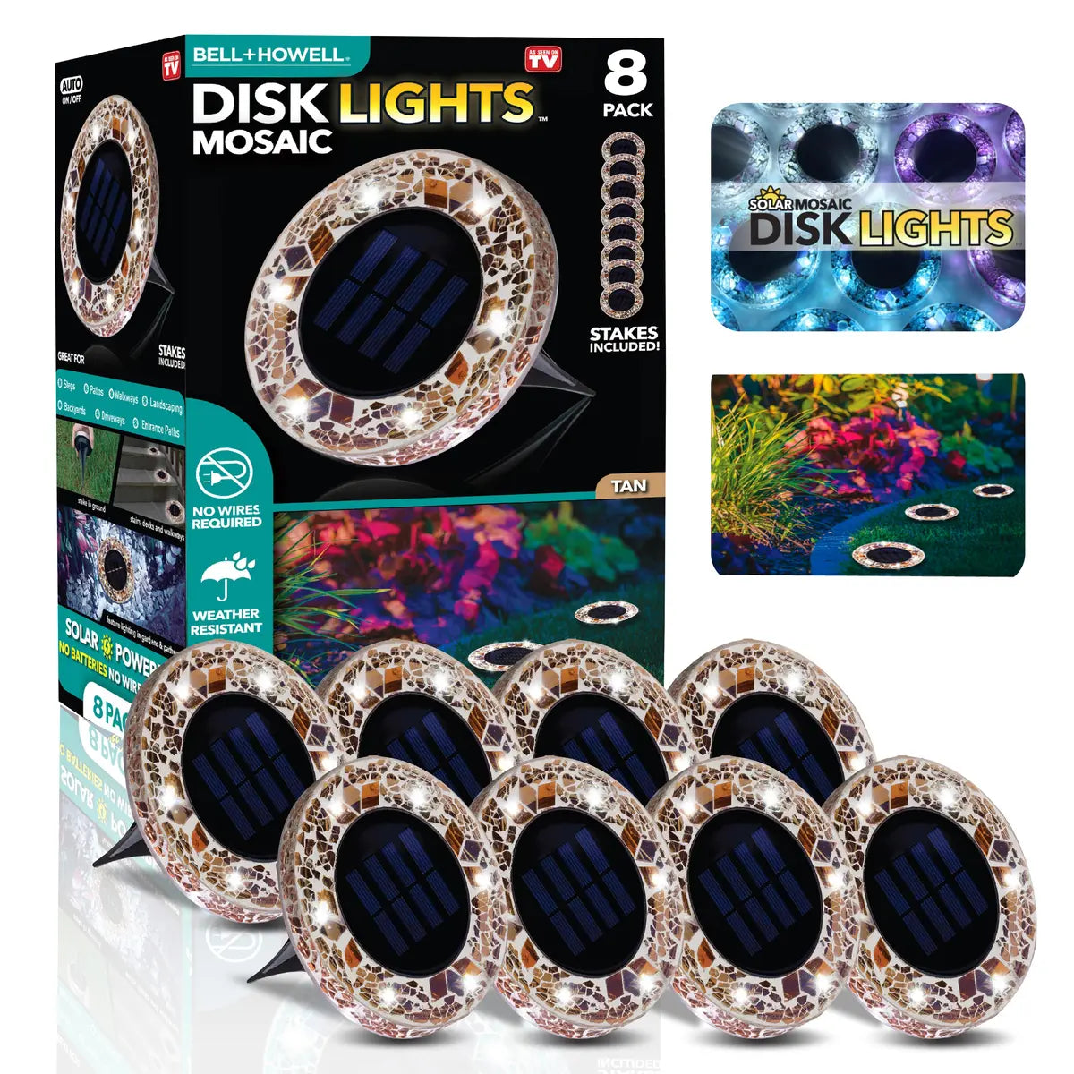 Solar Outdoor Mosaic Disk Lights, Waterproof Decorative Pathway LED Light, Auto On/Off