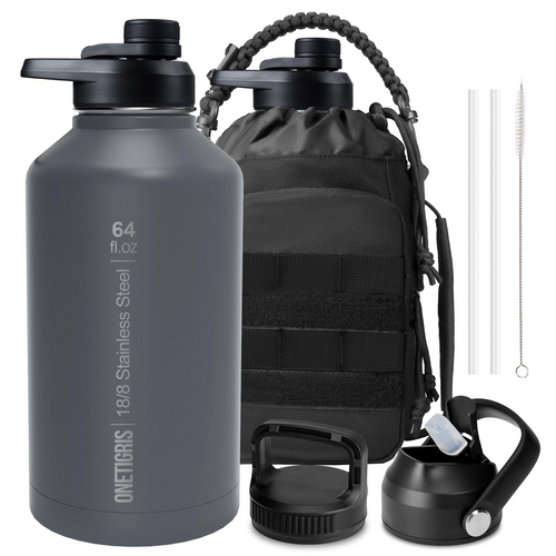 64 oz Tactical Water Bottle – Vacuum Insulated, 3 BPA-Free Lids, Includes MOLLE Pouch
