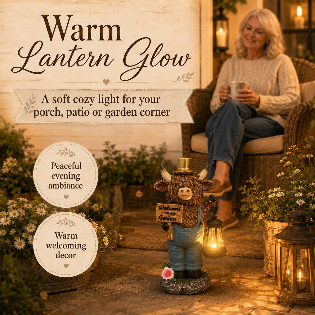 Highland Cow Garden Lantern Statue – Solar-Powered Farmhouse Welcome 🐄🏡