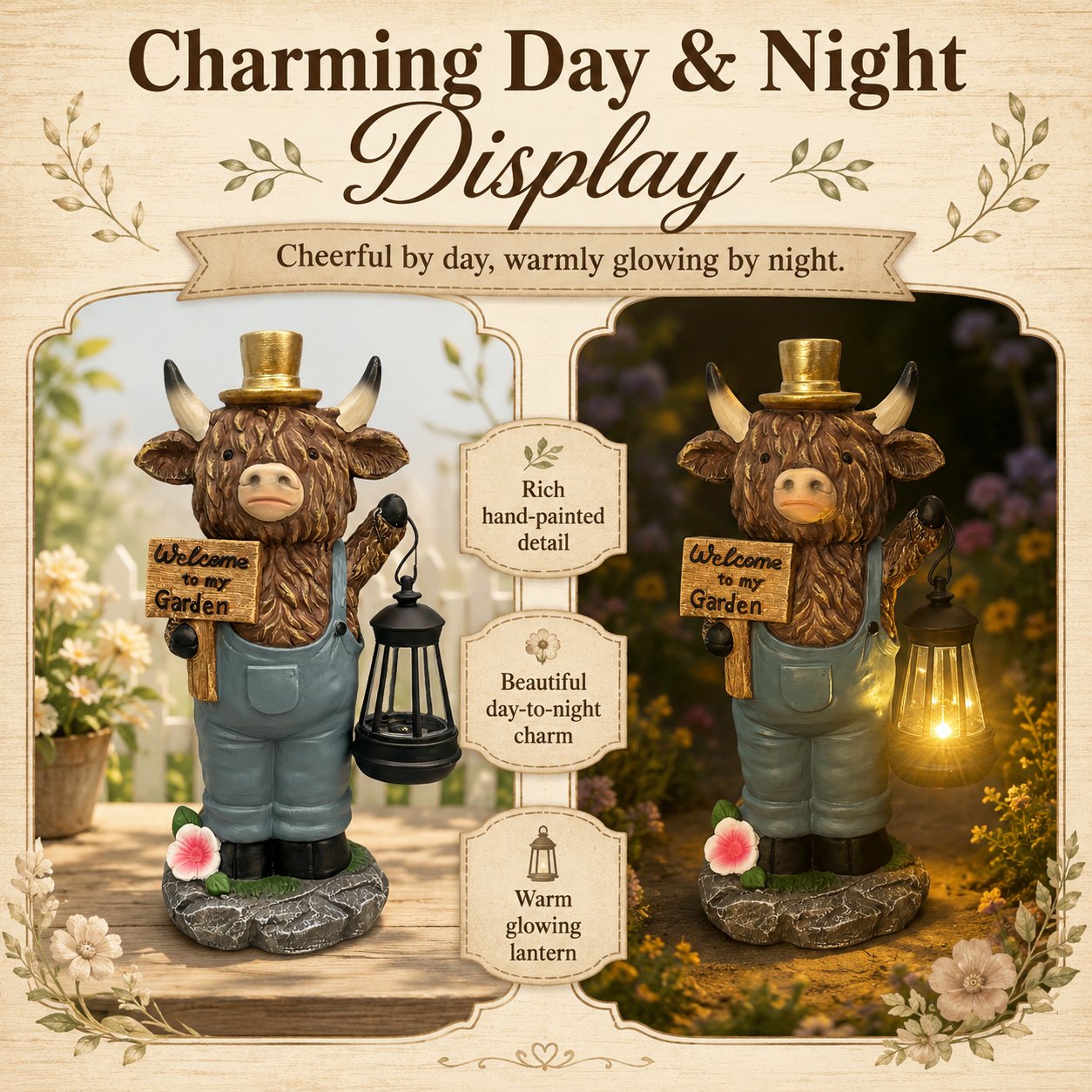 Highland Cow Garden Lantern Statue – Solar-Powered Farmhouse Welcome 🐄🏡