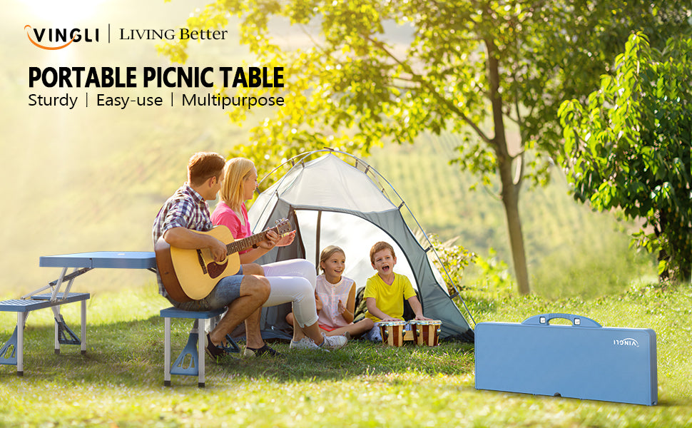 4ft Folding Camping Table Set with 4 Seats – Lightweight Portable Picnic & RV Table with Umbrella Hole, 220lb Support