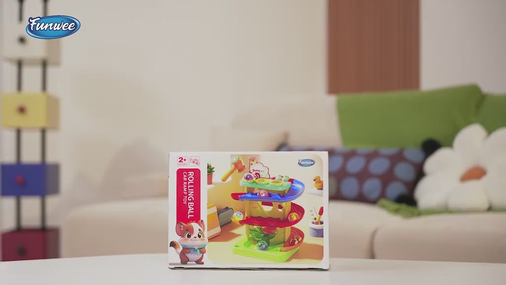 👧🌺Children's Day gift🔥2-in-1 Rolling Ball & Car Ramp Toy – Montessori Learning Game with Hammer & Lights